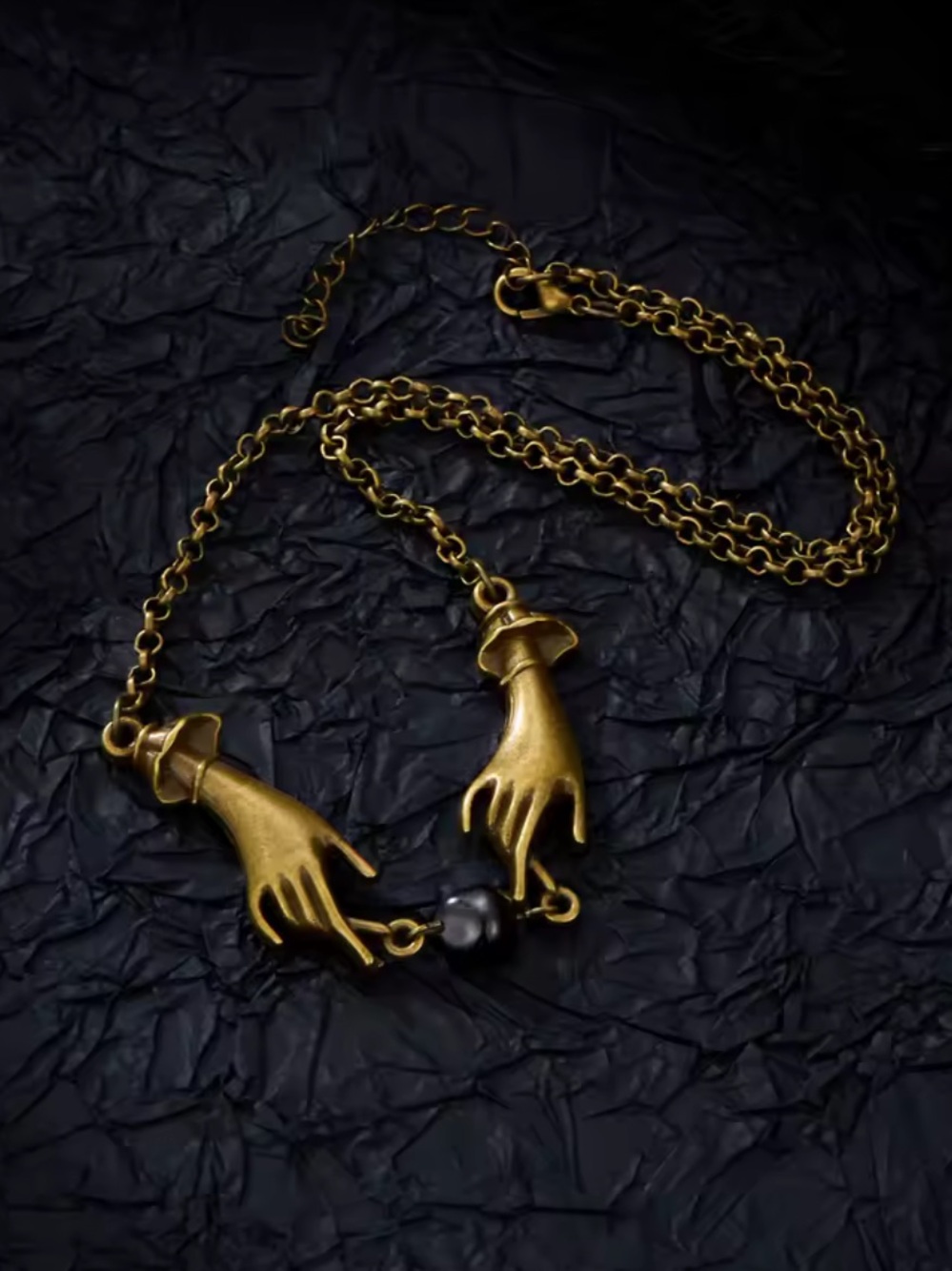 Antique Gold Hand Pendant Necklace with Black Bead